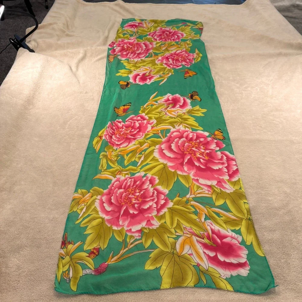 Bold Floral Peony 60x18 Scarf Green Pink Butterfly Boho Coastal‎ Resort Beach